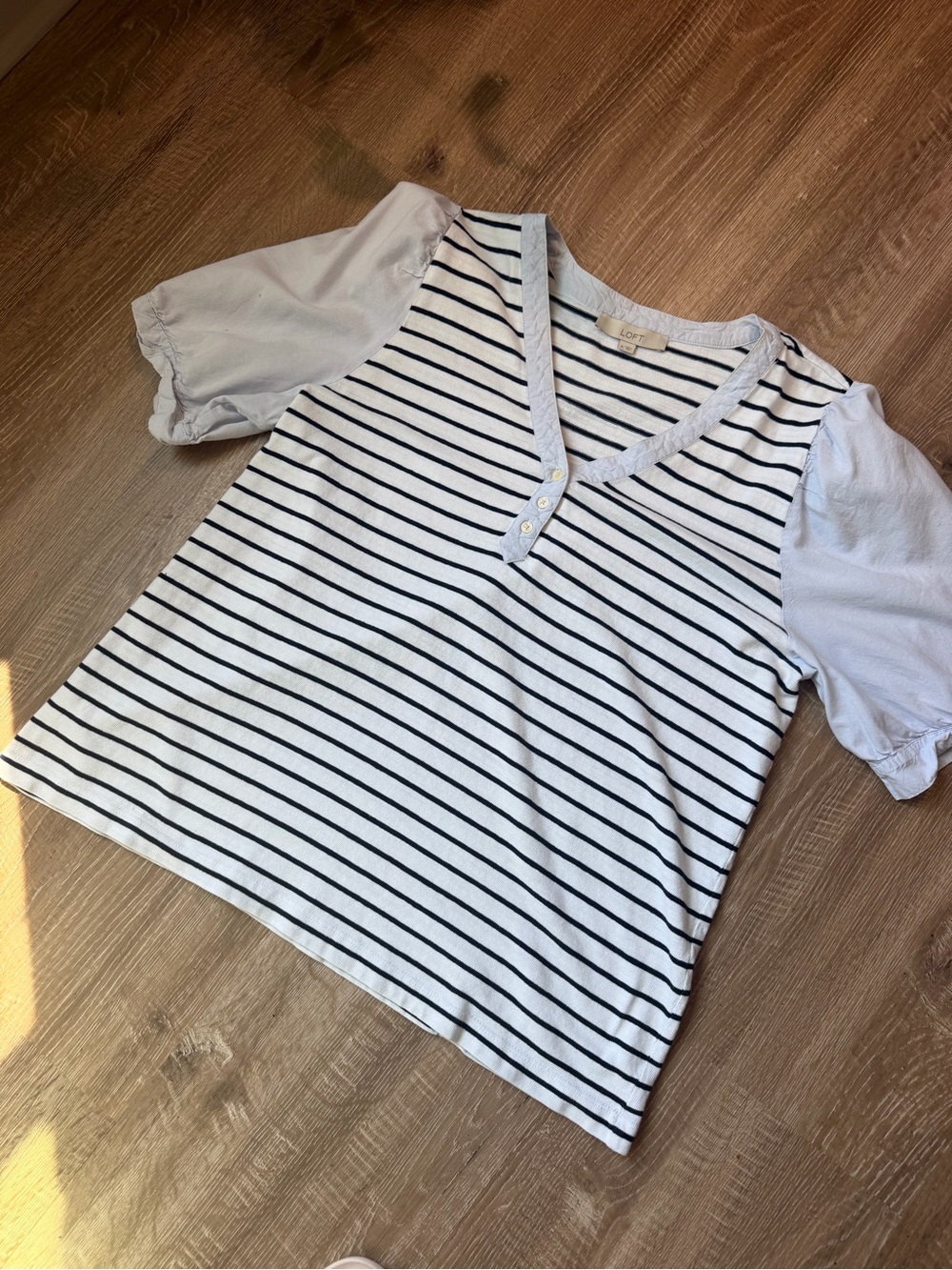 LOFT White & Black Striped V-Neck Top with Cream Puff Sleeves